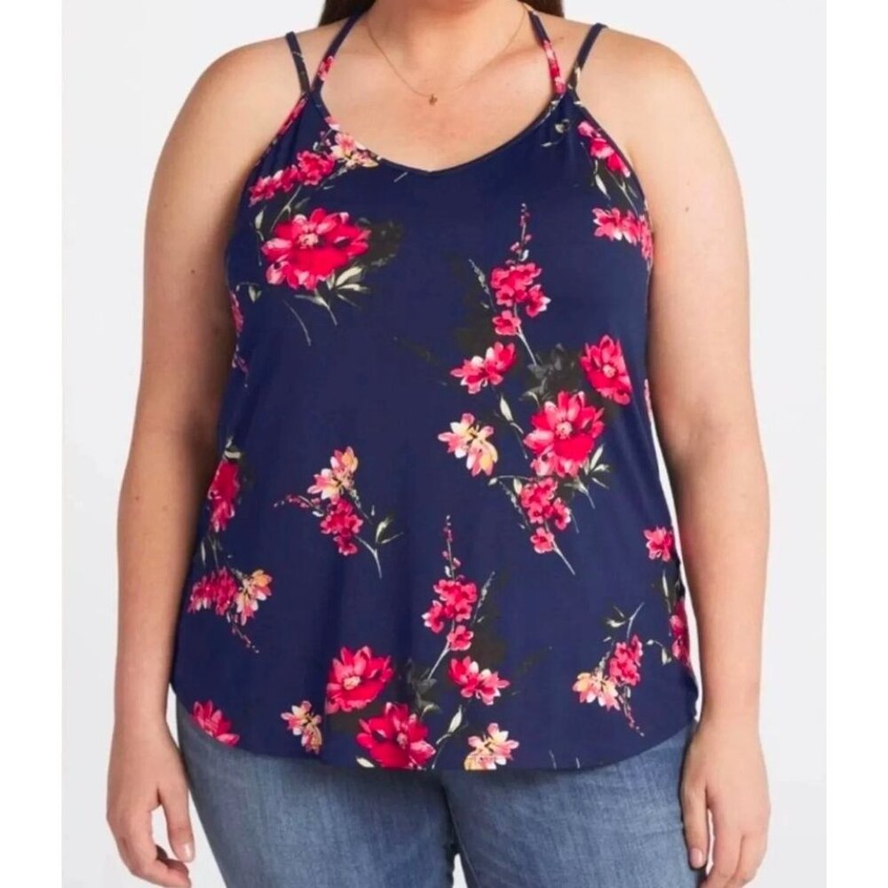 Papermoon Womens Navy Floral Strappy Tank Top 3X Polyester Spandex Sleeveless